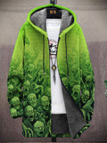 Men's Halloween Green Skull Print Hooded Two-Pocket Fleece Jacket